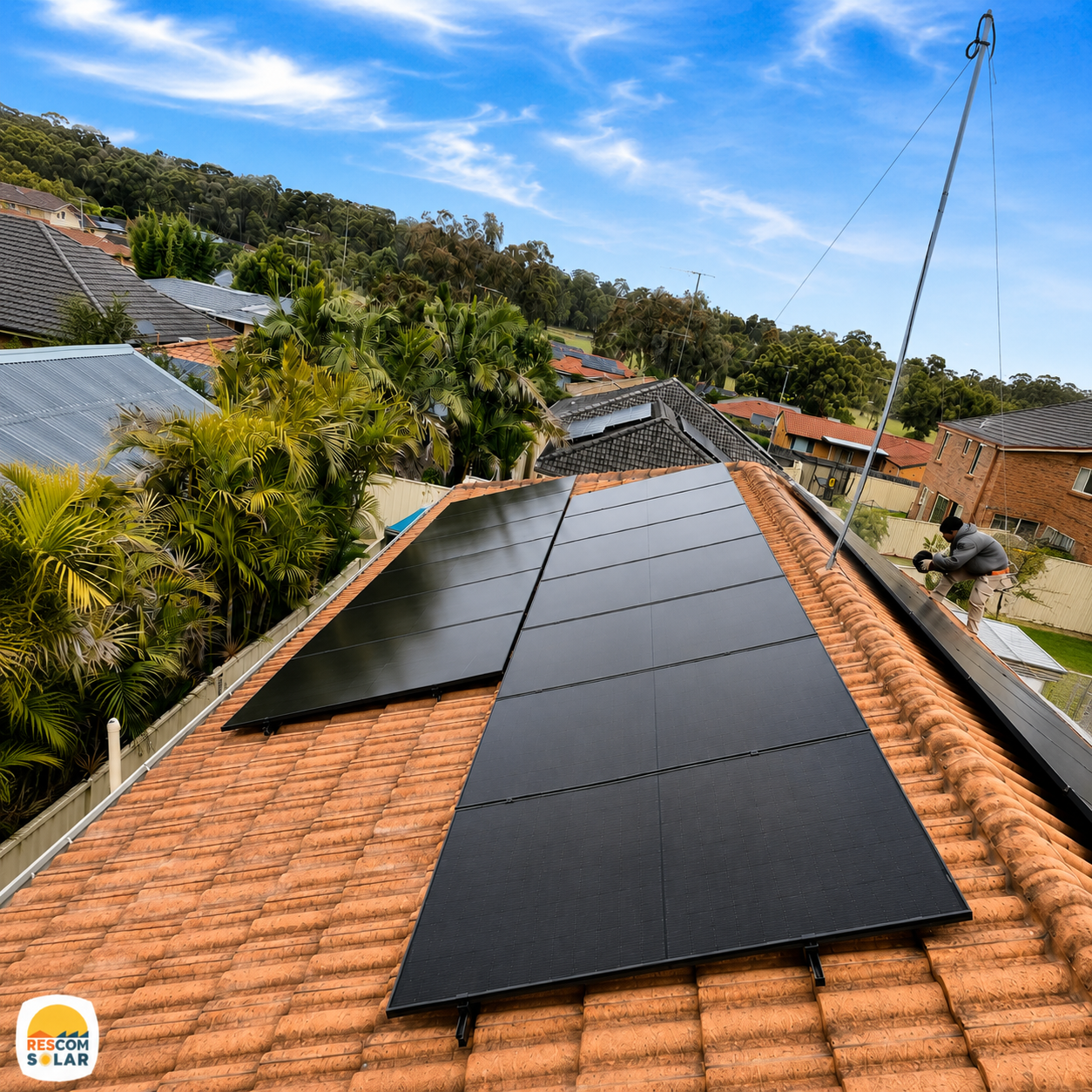 Rescom solar panels installed on a tiled residential roof