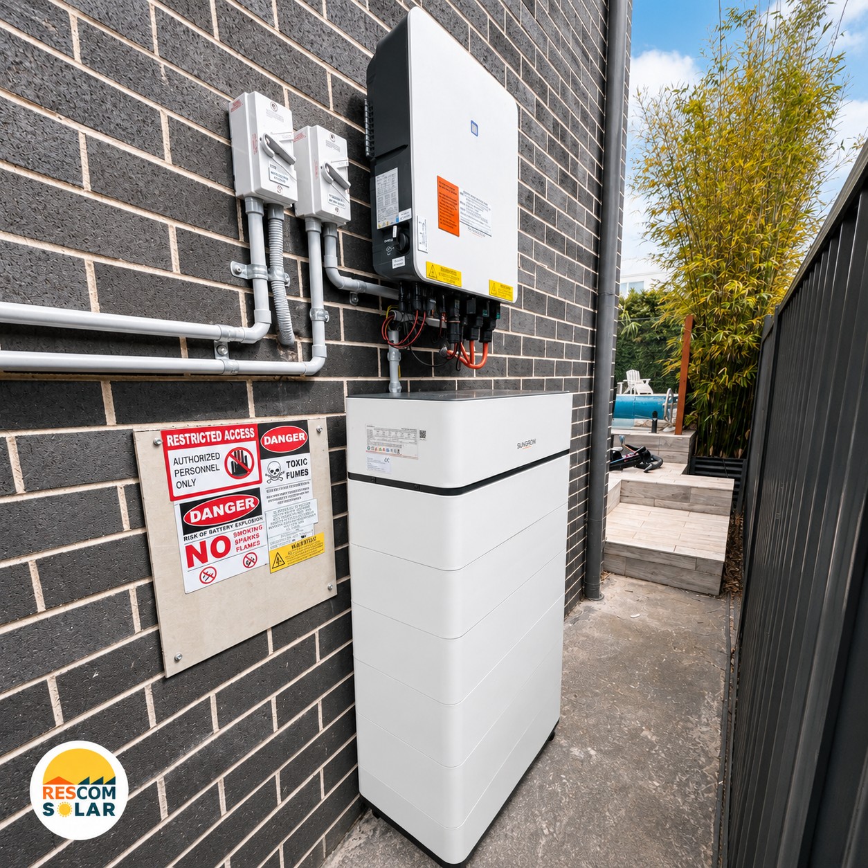 Solar inverter and battery installation with visible electrical safety signage