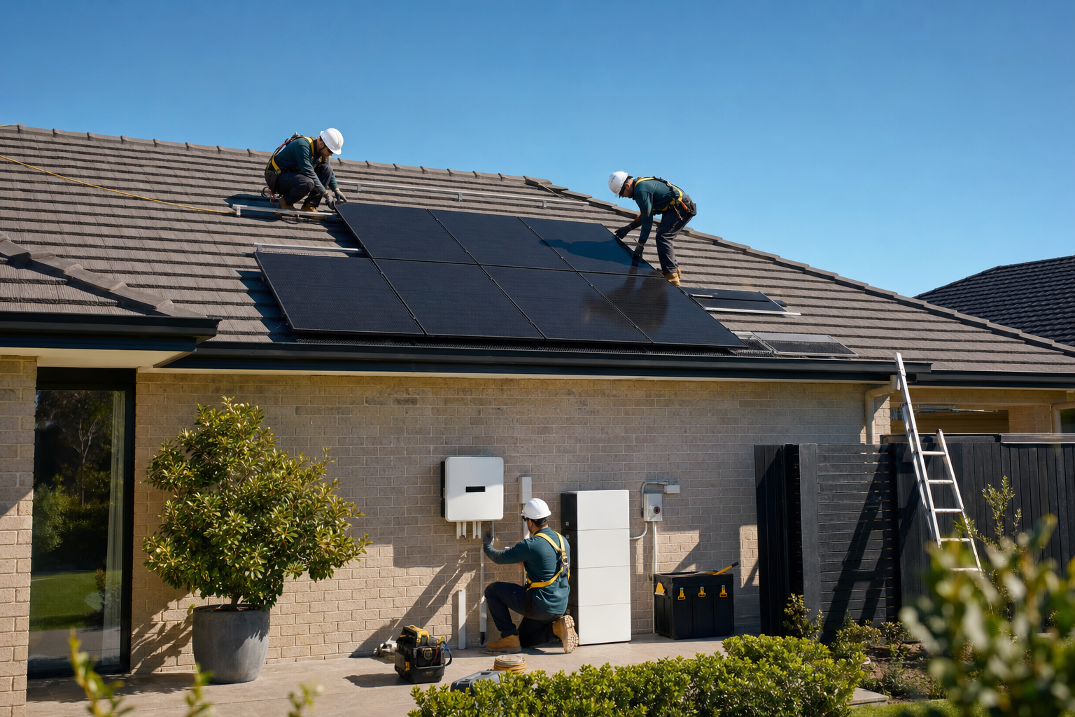 Licensed solar crew installing panels and home battery equipment