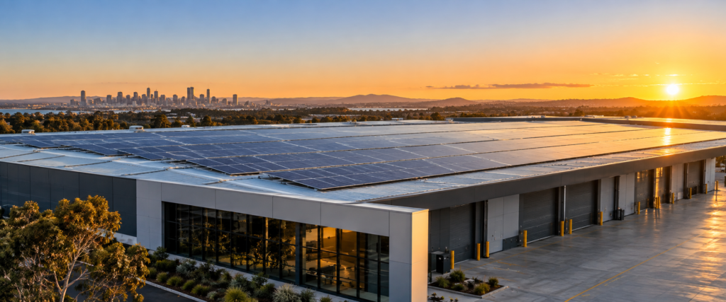 Commercial solar panels installed on a NSW business rooftop at sunset